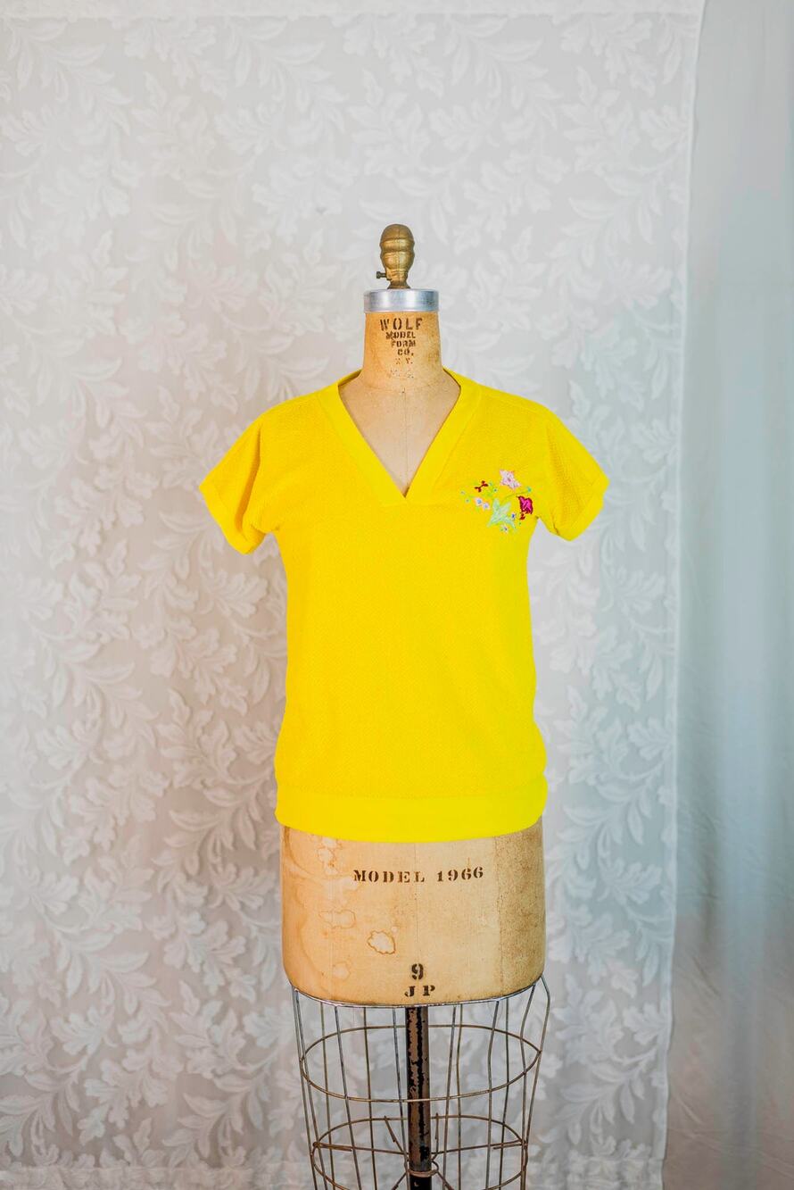 Vintage 70s Yellow Terry Shirt, Embroidered Flowers V Neck Retro Blouse, Small